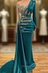 Long Sleeve Sheer Beading Ruched Satin Green Trumpet Mermaid Semi Formal Prom Dress